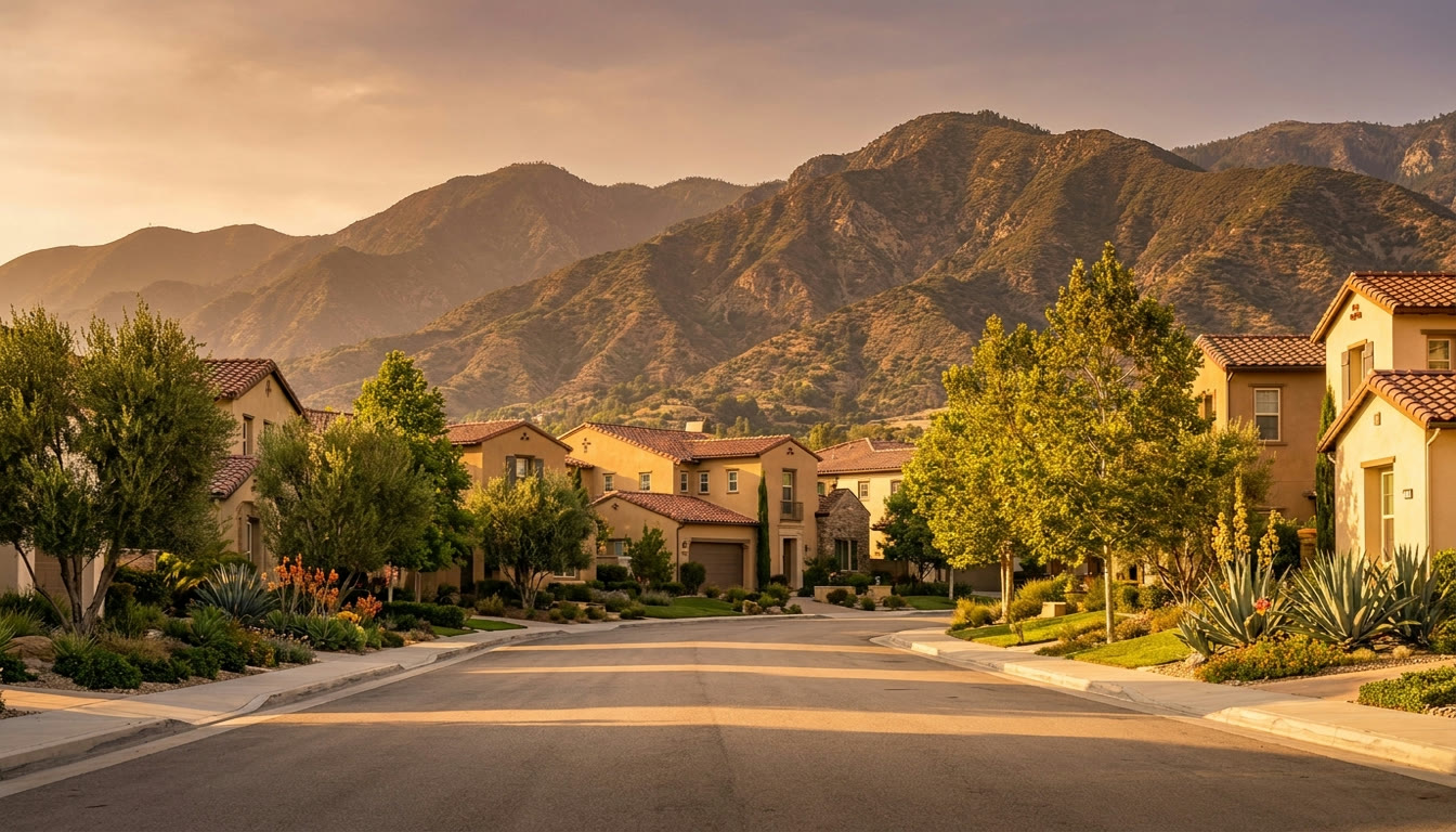 Master-planned residential community in Rancho Cucamonga, California with the San Gabriel Mountains rising directly behind