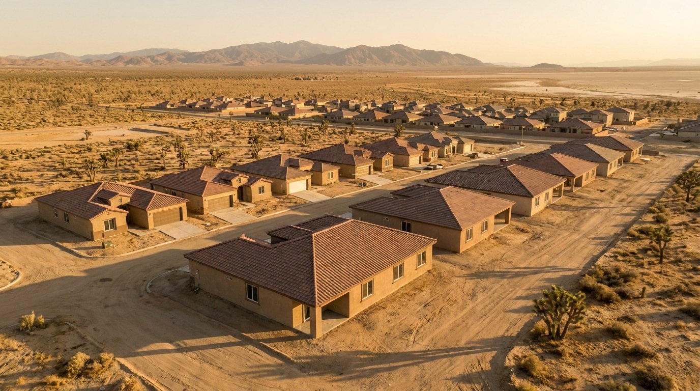New construction Adelanto California subdivision with stucco homes and desert backdrop
