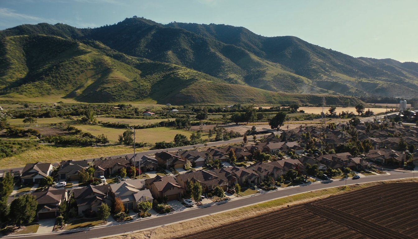 Residential community in Chino, California with the Chino Hills in the background