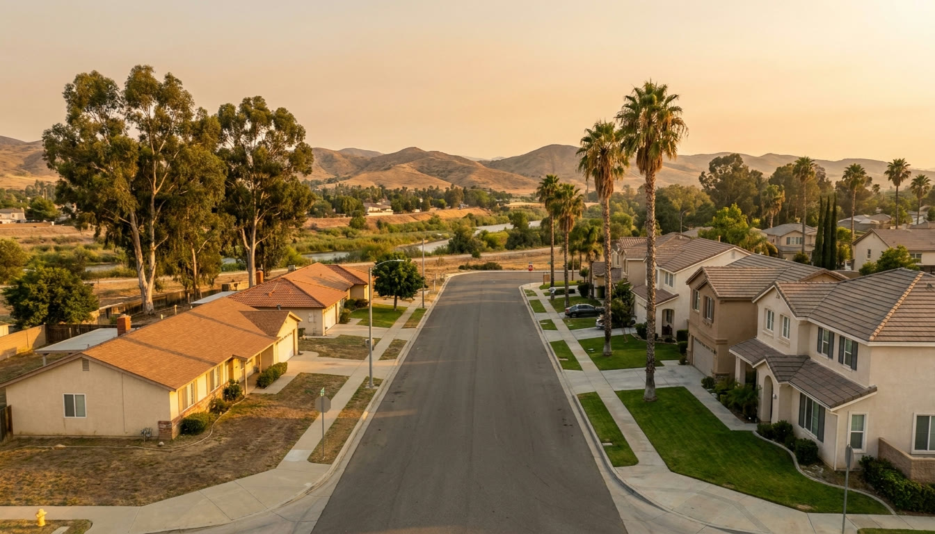Residential street in Jurupa Valley, California along the Santa Ana River corridor