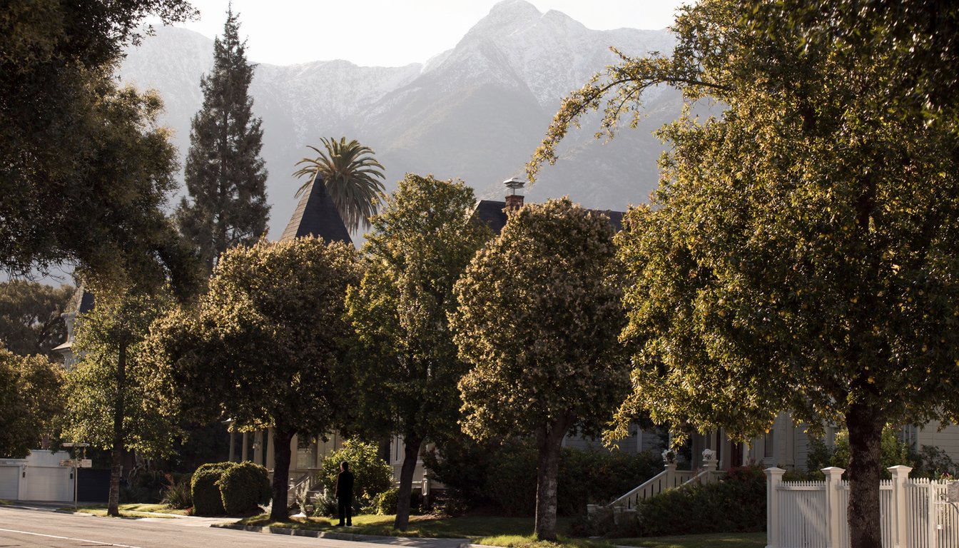 Tree-lined historic neighborhood in Redlands, California with the San Bernardino mountains in the background
