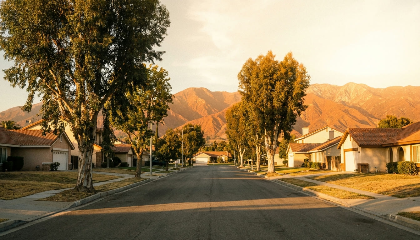 Tract residential street in Rialto, California with the San Bernardino Mountains in the background
