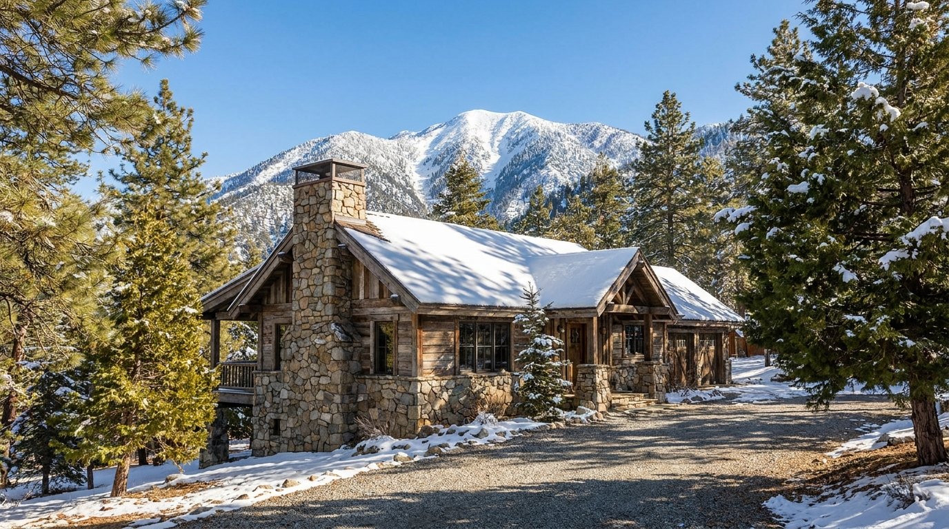 Wrightwood California mountain town with pine trees and snow-dusted Mt Baldy peak