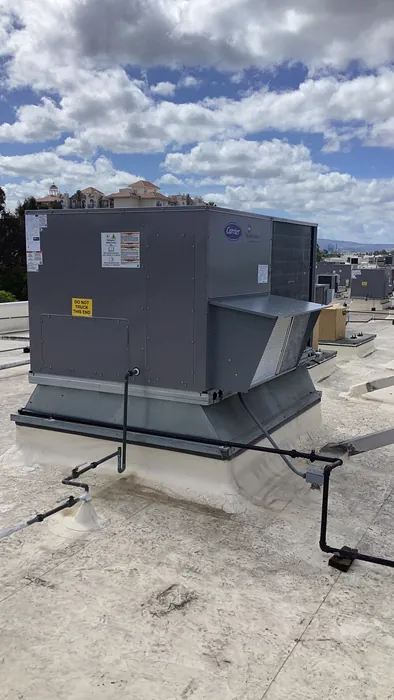 A Carrier commercial packaged rooftop HVAC unit mounted on a roof curb with electrical conduit and a do not lift warning label.