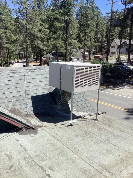 Side-discharge evaporative swamp cooler mounted on a shingled rooftop with tall pine trees and a mountain residential street in the background.