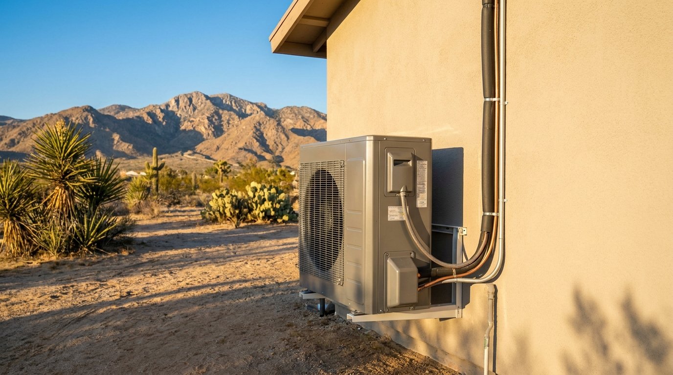 Modern outdoor air-source heat pump installed at a High Desert home