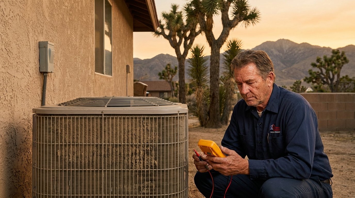 JC Energy Solutions technician diagnosing an AC condenser at a Hesperia home