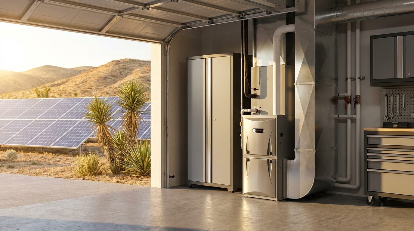 Electric furnace air handler installed in a High Desert garage utility space