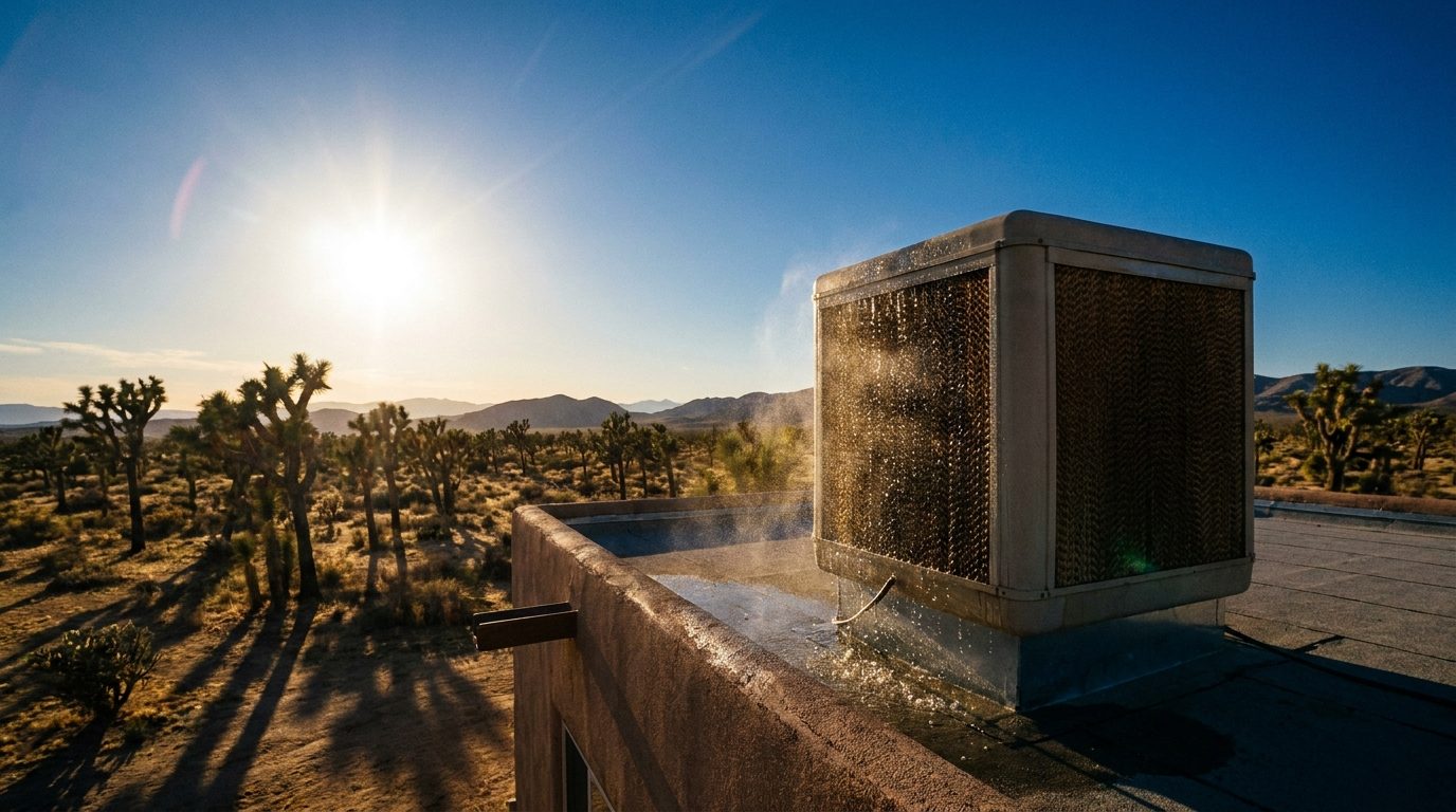 Rooftop evaporative swamp cooler installed at a High Desert home
